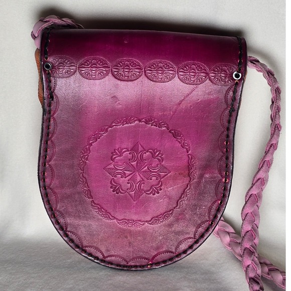 Handmade Leather Crossbody Bag Braided Strap Colorblock Pink Orange Green - Picture 2 of 16